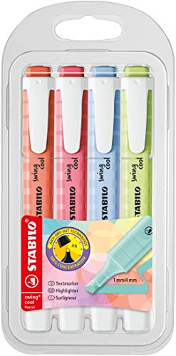 STABILO - Textmarker - swing cool Pastel - 4er Pack - korallrot, kirschblütenrosa, wolkenblau, Prise von Limette von STABILO