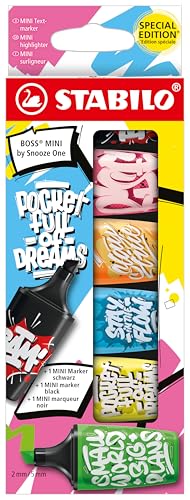 Textmarker & Marker - STABILO BOSS MINI by Snooze One - 6er Pack - pink, orange, blau, gelb, grün & schwarz von STABILO