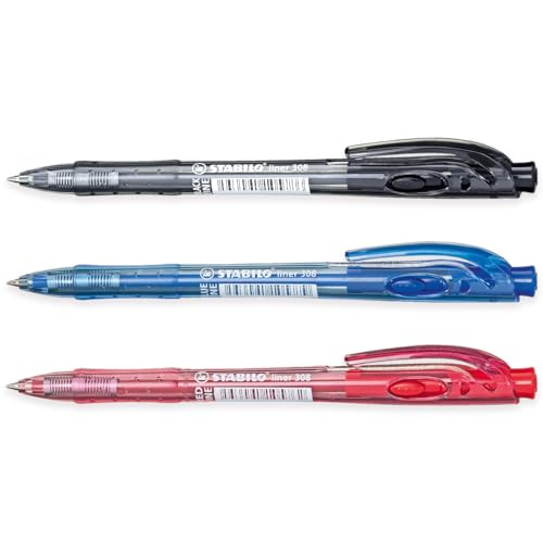 STABILO liner - versenkbarer Kugelschreiber - Feine 0,7mm Stifte - 3er Pack (schwarz, blau, rot) von STABILO
