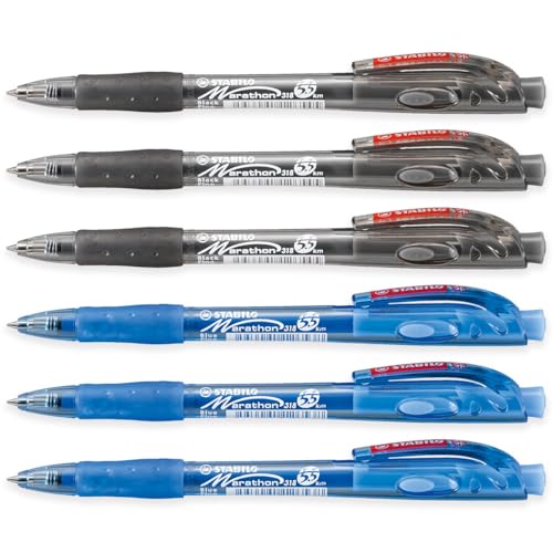 STABILO marathon Kugelschreiber, einziehbar, fein, 6 Stück (Schwarz, Blau) von STABILO