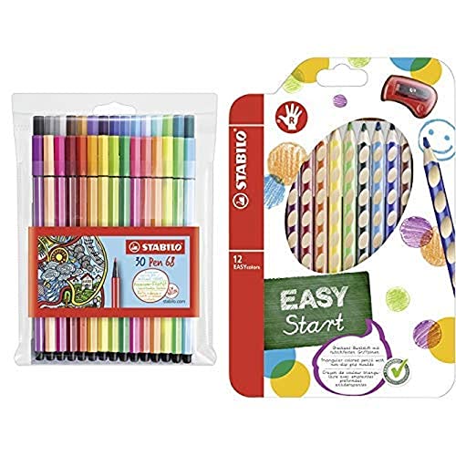 Stifte-Set STABILO Ergonomischer Buntstift für Rechtshänder - EASYcolors - 12er Pack mit Spitzer & Premium-Filzstift - Pen 68 - 30er Pack von STABILO