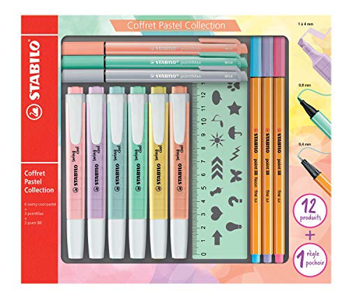 Stifte im Set - STABILO Pastell Collection - 12 Stifte in Pastellfarben - 6x Textmarker, 3x Filzschreiber, 3x Fineliner und 1x Schablonenlineal von STABILO