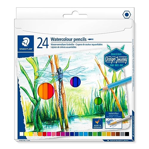 STAEDTLER 14610C C24 wasservermalbarer Buntstift (klassisches Sechskantformat, für Aquarelleffekte auf Aquarellpapier, auch für klassische Trockentechniken) Kartonetui mit 24 leuchtenden Farben von STAEDTLER