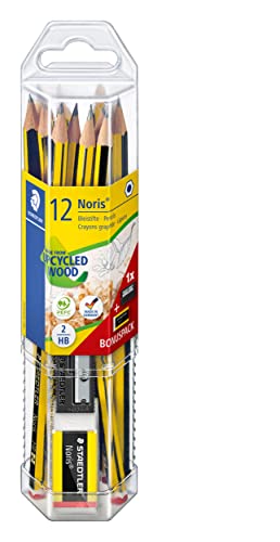 STAEDTLER Bleistift Noris 120, Made from Upcycled Wood, Härtegrad HB, Rutschfeste Soft-Oberfläche, Set mit 12 Bleistiften, 1 Spitzer, 1 Radiergummi, hohe Qualität Made in Germany, 61 120P2 STAEDTLER Bleistift Noris 120, Made from Upcycled Wood, Härtegrad HB, Rutschfeste Soft-Oberfläche, Set mit 12 Bleistiften, 1 Spitzer, 1 Radiergummi, hohe Qualität Made in Germany, 61 120P2 von STAEDTLER