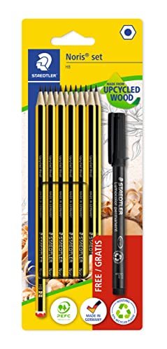 STAEDTLER Bleistift Set Noris, Made from Upcycled Wood, 12 Bleistifte Härtegrad HB, permanenter Universalmarker Lumocolor schwarz, 120 BK12P3 von STAEDTLER