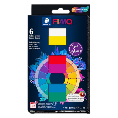STAEDTLER FIMO professional Materialpackung 8043 C ofenhärtende Modelliermasse "True Colours", speziell für Profis und Künstler, 6 Blöcken à 57 g, Farbmischprospekt, 8043 C6-1 von STAEDTLER