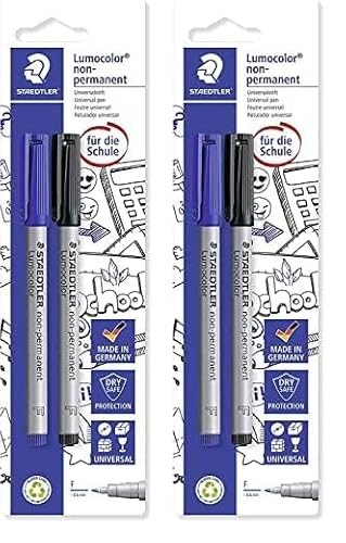 STAEDTLER Folienstift Lumocolor non-permanent, wasserlöslich, F-Spitze mit Linienbreite ca. 0.6 mm, hohe Qualität, blau + schwarz, 2 Marker auf Blisterkarte, 316 ASBK2D (Packung mit 2) von STAEDTLER