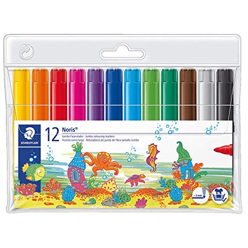 STAEDTLER Noris Club 340 WP12 Jumbo Fasermaler, stabile, eindrucksichere Spitze, Strichbreite: 3, 0 mm, Etui mit 12 farblich sortierten Jumbo Fasermalern von STAEDTLER