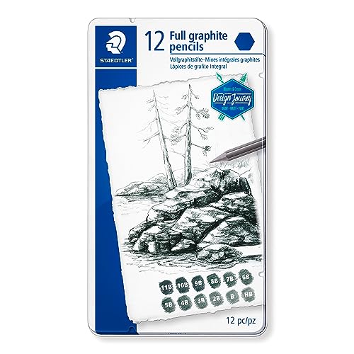 STAEDTLER Vollgraphitstifte Design Journey, glänzende Schattierungen in verschiedenen Grautönen, 12 hochwertige Vollgraphitstifte in sortierten Härtegraden im Metalletui, 100G M12 von STAEDTLER