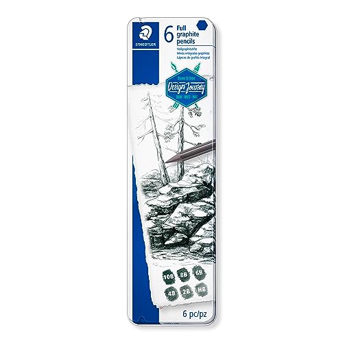 STAEDTLER Vollgraphitstifte Design Journey, glänzende Schattierungen in verschiedenen Grautönen, 6 hochwertige Vollgraphitstifte in sortierten Härtegraden im Metalletui, 100G M6 von STAEDTLER