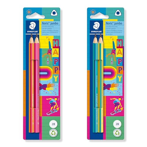 STAEDTLER dicke dreieckige Bleistifte Noris jumbo Happy in farbenfroher Streifung, hohe Bruchfestigkeit, Härtegrad 2B, 2 Bleistifte in Kartonhängekarte, 119 BK2 HA STAEDTLER dicke dreieckige Bleistifte Noris jumbo Happy in farbenfroher Streifung, hohe Bruchfestigkeit, Härtegrad 2B, 2 Bleistifte in Kartonhängekarte, 119 BK2 HA von STAEDTLER