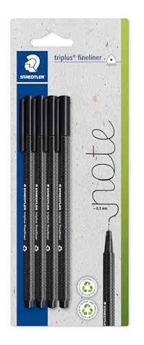 STAEDTLER triplus Fineliner 334, dreikant, superfeine, metallgefasste Spitze, ca. 0.3 mm, aus 97% Rezyklat, Made in Germany, Set mit 4 Stück auf Blisterkarte, Farbe schwarzen, 334-9 BK4 STAEDTLER triplus Fineliner 334, dreikant, superfeine, metallgefasste Spitze, ca. 0.3 mm, aus 97% Rezyklat, Made in Germany, Set mit 4 Stück auf Blisterkarte, Farbe schwarzen, 334-9 BK4 von STAEDTLER