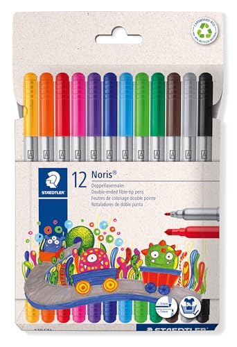 Staedtler Noris 320 Doppelfasermaler, eindrucksichere Spitze, auswaschbar, Strichbreite 1-3 mm, Kartonetui mit 12 Fasermalern in sortierten Farben, 320 C12 von STAEDTLER