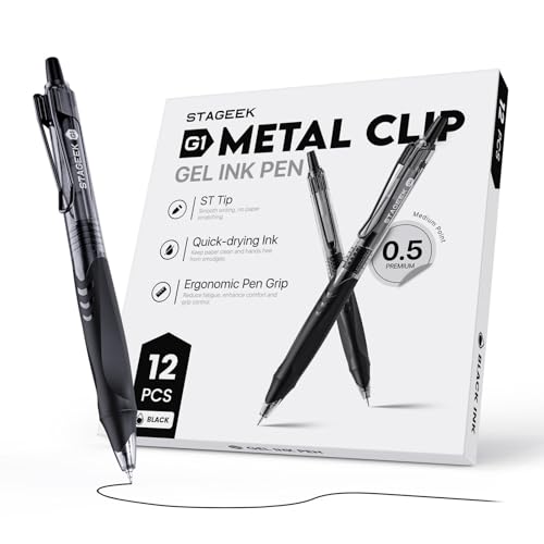 STAGEEK 12 STÜCK Gel Kugelschreiber 0,5 mm stift Mittelspitze – Schwarze Druckkugelschreiber mit Geltinte, Schreibset für Schule/Büro/Tagebuch – Kugelschreiber Hochwertig (Schwarz) von STAGEEK