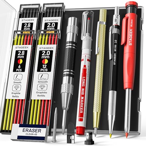 STAGEEK 14er-Set Mechanischer Zimmermannsbleistifte,Automatischem Körner, Hartmetall-Anreißwerkzeug, Radiergummi und Tiefloch-Markierungsstift, Robuster Konstruktionsbleistift für Architekten mit Etui STAGEEK 14er-Set Mechanischer Zimmermannsbleistifte,Automatischem Körner, Hartmetall-Anreißwerkzeug, Radiergummi und Tiefloch-Markierungsstift, Robuster Konstruktionsbleistift für Architekten mit Etui von STAGEEK