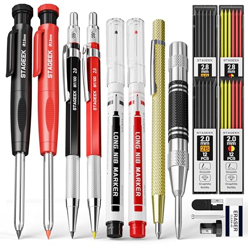 STAGEEK 17er-Set Mechanischer Zimmermannsbleistifte,Automatischem Körner, Hartmetall-Anreißwerkzeug, Radiergummi und Tiefloch-Markierungsstift, Robuster Konstruktionsbleistift für Architekten mit Etui STAGEEK 17er-Set Mechanischer Zimmermannsbleistifte,Automatischem Körner, Hartmetall-Anreißwerkzeug, Radiergummi und Tiefloch-Markierungsstift, Robuster Konstruktionsbleistift für Architekten mit Etui von STAGEEK