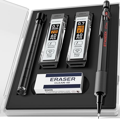 STAGEEK Druckbleistifte 0,7 mm mit Etui, wetterfestes Metallgehäuse, Druckbleistift für den Außenbereich, für Künstler mit 120 HB- und 2B-Minen, Radiergummi, zum Schreiben, Zeichnen und Skizzieren STAGEEK Druckbleistifte 0,7 mm mit Etui, wetterfestes Metallgehäuse, Druckbleistift für den Außenbereich, für Künstler mit 120 HB- und 2B-Minen, Radiergummi, zum Schreiben, Zeichnen und Skizzieren von STAGEEK