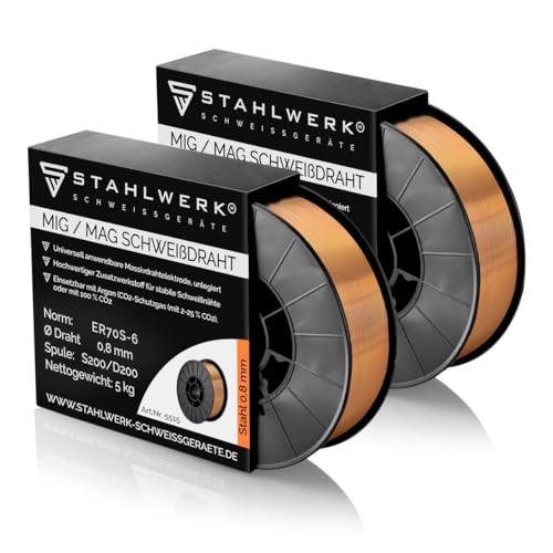 2 x STAHLWERK MIG/MAG Schweißdraht Ø 0,8 mm, Stahl SG2 ER70S-6, auf 5 kg S200/D200 Drahrolle mit 50 mm Dorn, universell einsetzbar von STAHLWERK
