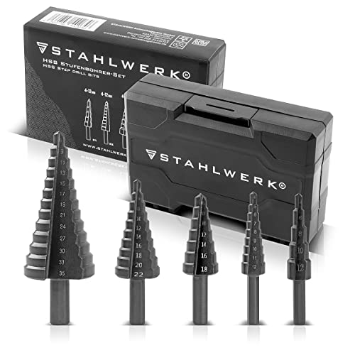 STAHLWERK HSS Stufenbohrer/Kegelbohrer Set 5 Teile mit TiAlN-Beschichtung, Senkbohrer/Metallbohrer inklusive Kunststoff Aufbewahrungs-Box von STAHLWERK
