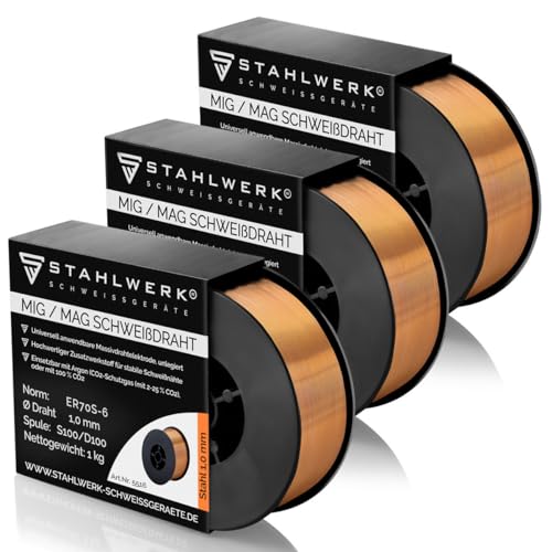 STAHLWERK MIG/MAG Schweißdraht Ø 1,0 mm, Stahl SG2 ER70S-6, auf 1kg D100 Drahtrolle mit 16 mm Dorn, universell einsetzbar 3er Set STAHLWERK MIG/MAG Schweißdraht Ø 1,0 mm, Stahl SG2 ER70S-6, auf 1kg D100 Drahtrolle mit 16 mm Dorn, universell einsetzbar 3er Set von STAHLWERK