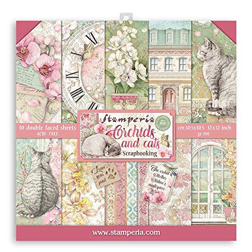 STAMPERIA INTERNATIONAL, KFT SBBL81 Scrapbooking Block 10 Blätter cm 30,5x30,5 Orchideen und Katzen, 30.5cmX30.5cm, Verschieden von Stamperia