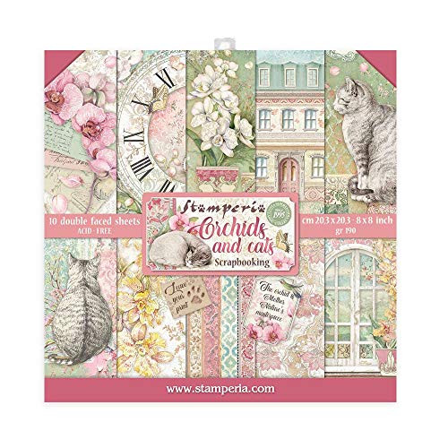 STAMPERIA INTERNATIONAL, KFT SBBS26 Scrapbooking Miniblock 10 Blätter cm 20,3x20,3 Orchideen und Katzen, 20.3cmX20.3cm, Verschieden von Stamperia