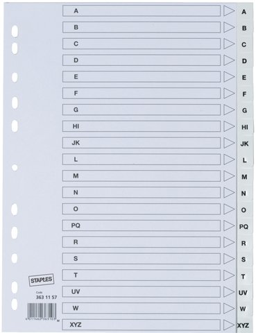 STAPLES® Register, PP, 0,12 mm, A - Z, Eurolochung, A4, 20 Blatt, weiß, Sie erhalten 1 Stück von STAPLES