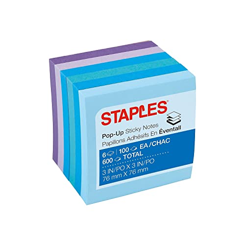 Staples Stickies Pop-Up-Notizblöcke, 7,6 x 7,6 cm, verschiedene Aquarellfarben, 6 Stück à 600 Stück von STAPLES