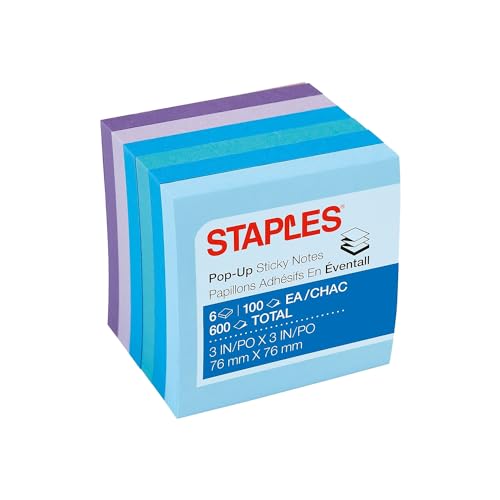 Staples Stickies Pop-Up-Notizblöcke, 7,6 x 7,6 cm, verschiedene Aquarellfarben, 6 Stück à 600 Stück von STAPLES