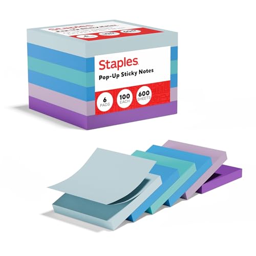 Staples Stickies Pop-Up-Notizblöcke, 7,6 x 7,6 cm, verschiedene Aquarellfarben, 6 Stück à 600 Stück von STAPLES