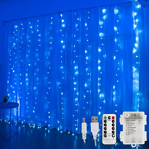STARKER Lichtervorhang 300 LED mit Timer, 3Mx3M Wasserfester Draht, Fernbedienung (8 Modi, Dimmbar), USB- oder Batteriebetrieb für den Innen- und Außenbereich, Blau von STARKER