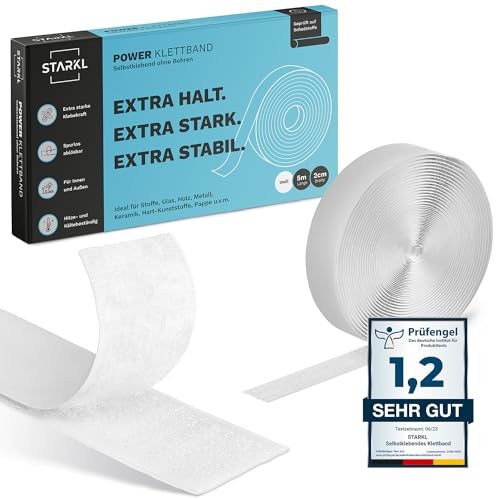 STARKL® Premium Klettband selbstklebend Extra Stark (Weiß) I 5m x 20mm Klettverschluss selbstklebend für innen u. außen I Doppelseitiges Klettband für Fliegengitter etc. von STARKL