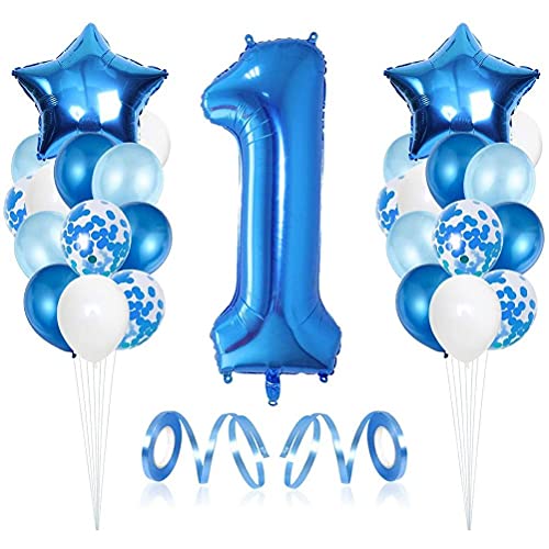 STARNOONTEK Blaues Geburtsta gsballon-Set aus Aluminiumfolie,3D-Premium-wiederverwendbares Buchstabenbanner aus Aluminiumfolie Und Umweltfreundliches Big Star-Latexballon-Set (Blaue Zahlen 1) von STARNOONTEK
