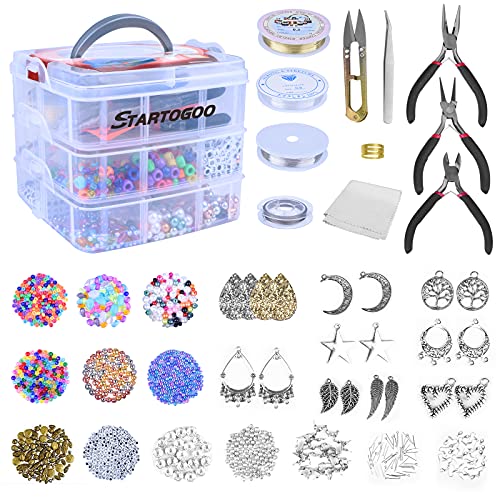 STARTOGOO 1500 Stück Schmuck Bastelset mit Edelstein Perlen, Schmuckdraht & Zubehör, Ringe, Halsketten & Ohrringe Selber Machen, Komplettset zur Schmuckherstellung DIY Geschenk für Frauen Bastelfans von STARTOGOO