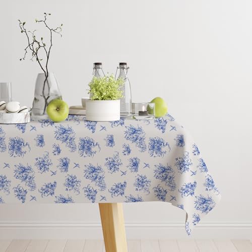 STARUBY Schmutzabweisend PVC Tischwäsche, 140 x 200 cm Waterproof Abwischbare Tischtuch, wasserdichte Kunststoff Tischdecke für die Küche, Wasserabweisend, Blumenmuster in Blau von STARUBY