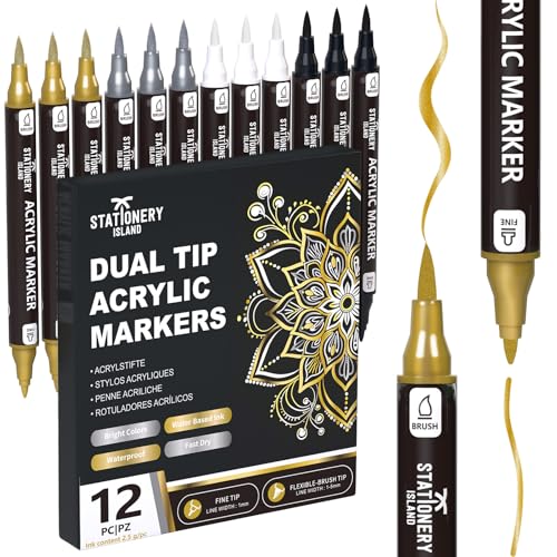 STATIONERY ISLAND Acrylstifte 12 Stück in Gold, Silber, Weiß & Schwarz – Wasserbasierte Doppelseitige Metallic Acrylic Marker mit Feiner & Pinselspitze für Stein, Glas, Holz, Metall & Keramik STATIONERY ISLAND Acrylstifte 12 Stück in Gold, Silber, Weiß & Schwarz – Wasserbasierte Doppelseitige Metallic Acrylic Marker mit Feiner & Pinselspitze für Stein, Glas, Holz, Metall & Keramik von STATIONERY ISLAND