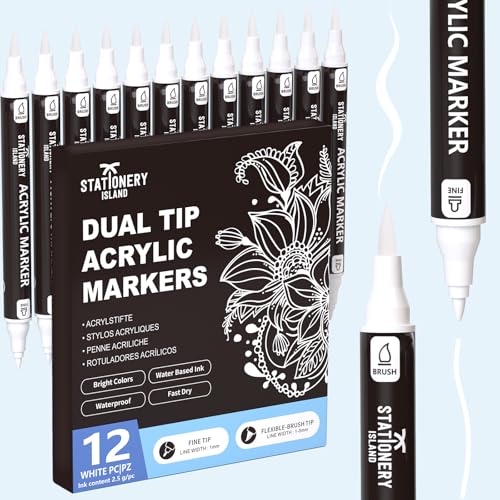 STATIONERY ISLAND Acrylstifte Weiß – 12 Stück Doppelseitige Acrylmarker mit Feiner & Pinselspitze – Wasserbasierte Weiße Acrylic Paint Marker für Stein, Glas, Holz, Keramik, Metall, Stoff & Mehr STATIONERY ISLAND Acrylstifte Weiß – 12 Stück Doppelseitige Acrylmarker mit Feiner & Pinselspitze – Wasserbasierte Weiße Acrylic Paint Marker für Stein, Glas, Holz, Keramik, Metall, Stoff & Mehr von STATIONERY ISLAND