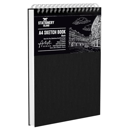 STATIONERY ISLAND Skizzenbuch A4 200 g/m² Zeichenblock 100 Seiten (50 Blatt) Spiralgebundenes Skizzenblock Zeichenpapier Zeichnungen, Skizzen für Künstler und Profis von STATIONERY ISLAND