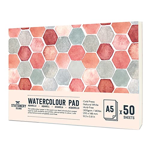 Stationery Island Aquarellblock A5 – Aquarellpapier A5 für Anfänger – 50 Seiten – Kaltgepresstes Premium-Papier – 300 g/m² – Doppelseitig-strukturiertes Papier – Naturweiß – Malblock A5 für Aquarelle von STATIONERY ISLAND