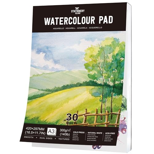 Stationery Island Aquarellpapier A3 300g, 30 Blatt Aquarellblock A3, Aquarell Papier für Wasserfarben, Aquarell Skizzenbuch, Watercolor Paper für Studenten,Anfänger, Skizzenbuch Aquarell Stationery Island Aquarellpapier A3 300g, 30 Blatt Aquarellblock A3, Aquarell Papier für Wasserfarben, Aquarell Skizzenbuch, Watercolor Paper für Studenten,Anfänger, Skizzenbuch Aquarell von STATIONERY ISLAND