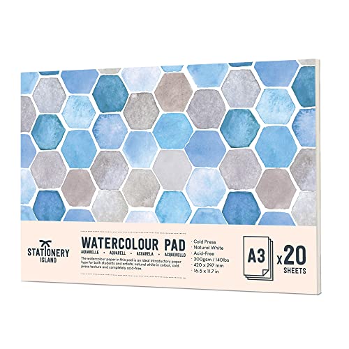 Stationery Island Aquarellblock A3 - Aquarellpapier A3 für Anfänger – 20 Seiten – Kaltgepresstes Premium-Papier – 300 g/m² – Doppelseitig-strukturiertes Papier – Naturweiß Malblock A3 für Aquarelle von STATIONERY ISLAND