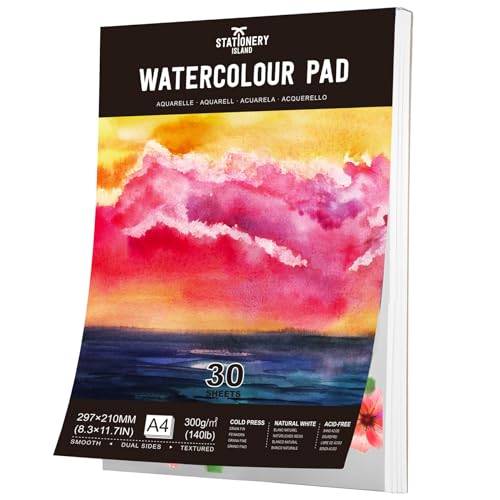 Stationery Island Aquarellpapier A4 300g, 30 Blatt Aquarellblock A4, Aquarell Papier für Wasserfarben, Aquarell Skizzenbuch, Watercolor Paper für Studenten,Anfänger, Skizzenbuch Aquarell Stationery Island Aquarellpapier A4 300g, 30 Blatt Aquarellblock A4, Aquarell Papier für Wasserfarben, Aquarell Skizzenbuch, Watercolor Paper für Studenten,Anfänger, Skizzenbuch Aquarell von STATIONERY ISLAND