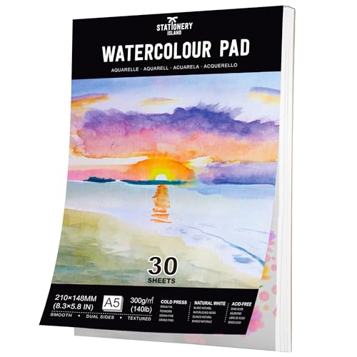 Stationery Island Aquarellpapier A5 300g, 30 Blatt Aquarellblock A5, Aquarell Papier für Wasserfarben, Aquarell Skizzenbuch, Watercolor Paper für Studenten,Anfänger, Skizzenbuch Aquarell Stationery Island Aquarellpapier A5 300g, 30 Blatt Aquarellblock A5, Aquarell Papier für Wasserfarben, Aquarell Skizzenbuch, Watercolor Paper für Studenten,Anfänger, Skizzenbuch Aquarell von STATIONERY ISLAND