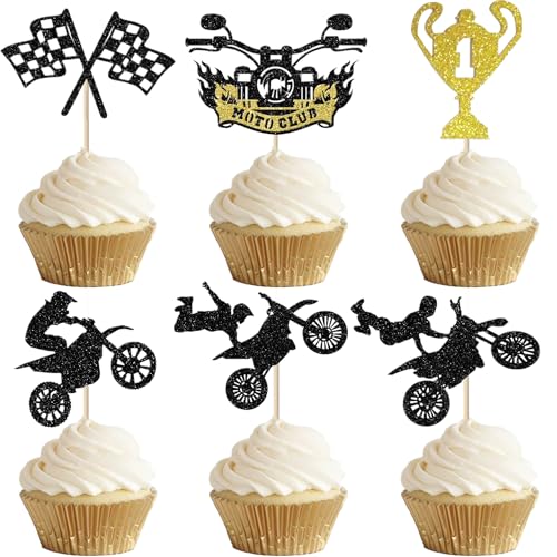 24 Motorrad-Cupcake-Aufsätze, schwarze glitzernde Motocross-Cupcakes für Sport-Motocross-Motto für Jungen und Männer von STATWTHMA