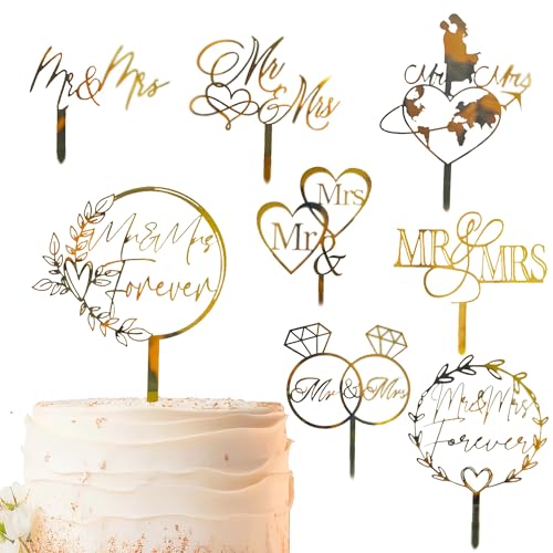 8 Stück „Mr. & Mrs.“-Tortenaufsätze aus goldenem Acryl für Hochzeitstorten, personalisierte Hochzeitstorte für Hochzeit, Verlobung, Jubiläum und Brautparty. von STATWTHMA