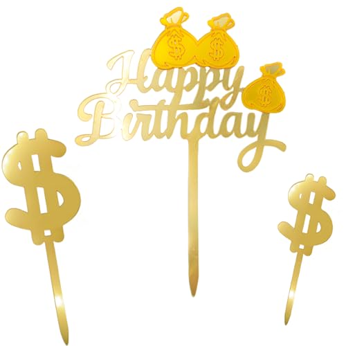 Goldene Happy Birthday-Tortenaufsätze, einzigartige Dollar-Tortenaufsätze für Kinder und Erwachsene, perfekt für Partydekorationen und attraktive Torten von STATWTHMA