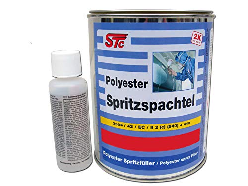 STC 2K Spritzspachtel Set 1,5 kg grau inkl. Härter – Polyester Spachtelmasse für Auto Karosserie, Metall, Holz – Füllspachtel für Poren, Vertiefungen, Wellen – Schleifbar, hitzebeständig von STC