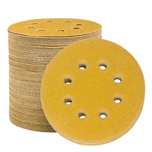 STEBRUAM 100 Stück Schleifpapier 125mm Klett 40 Körnung, Profi Gold Rund 8 Loch Schleifscheiben für Exzenterschleifer,Für Holz Metall und Farbe von STEBRUAM