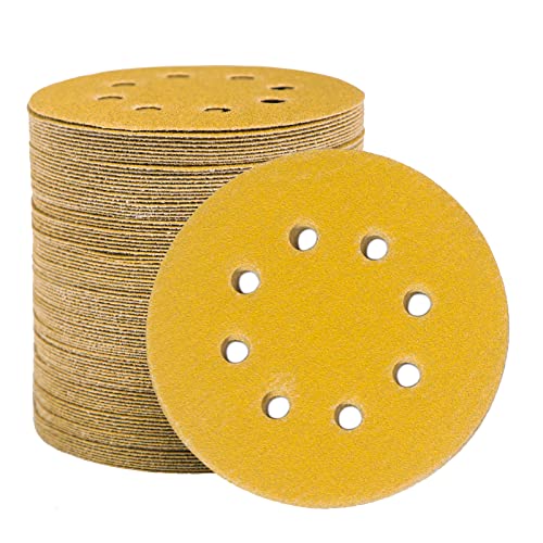 STEBRUAM 100 Stück Schleifpapier 125mm Klett 120 Körnung, Profi Gold Rund 8 Loch Schleifscheiben für Exzenterschleifer,Für Holz Metall und Farbe von STEBRUAM