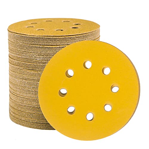 STEBRUAM 100 Stück Schleifpapier 125mm Klett 180 Körnung, Profi Gold Rund 8 Loch Schleifscheiben für Exzenterschleifer,Für Holz Metall und Farbe von STEBRUAM